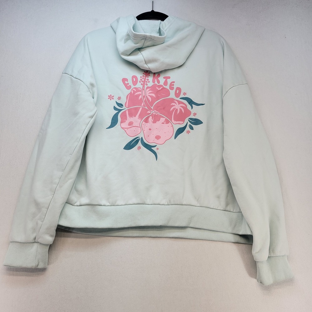 Edikted Hoodie Womens Medium Mint Green Y2K Hibiscus Floral Graphic Pullover